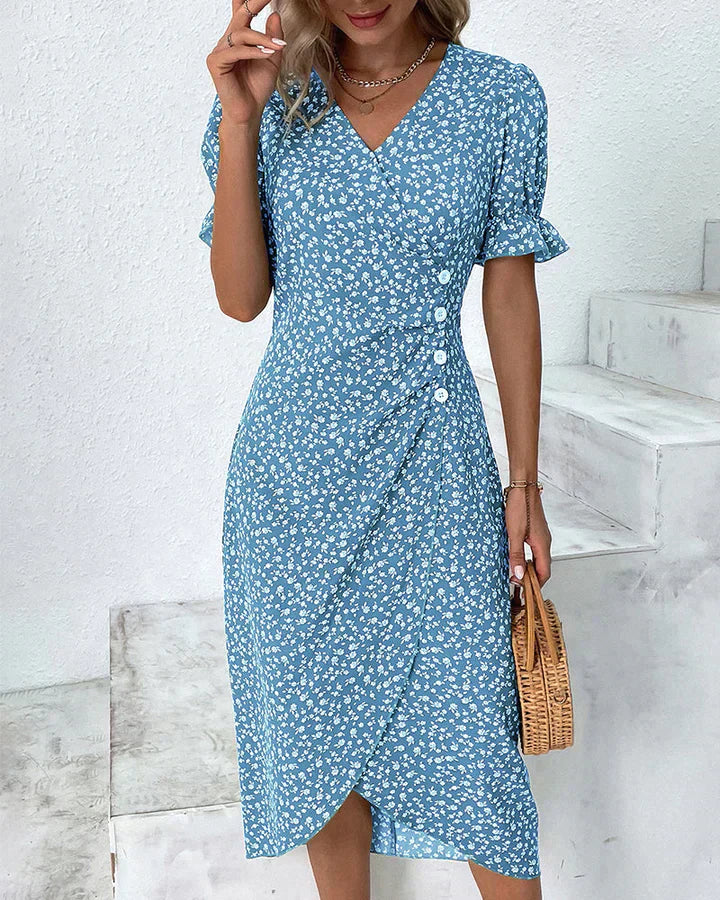 Cm | Floral midi dress with overlapping, ruffled sleeves