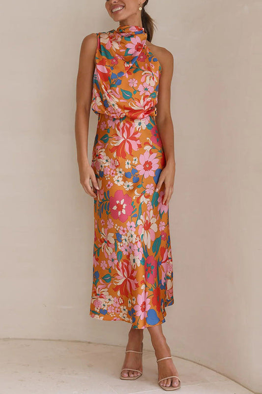 Elegant satin dress with halterneck