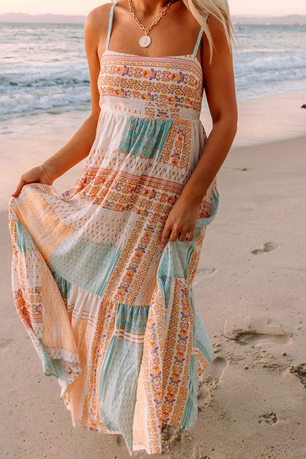 LP | Bohème strapless dress with square neckline and multicolor patchwork print