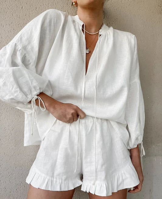 Casual Lantern Sleeve Top Short Pants Cotton and Linen Two-piece Set