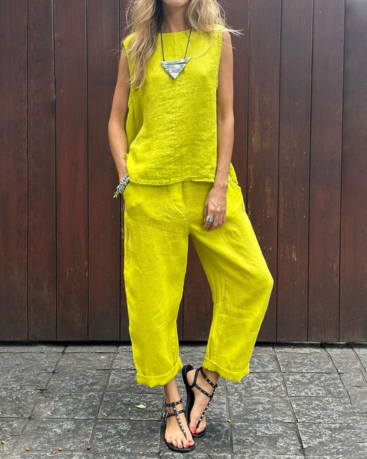 LD Plain Sleeveless Vest & Pants Cotton Linen Two-piece Set