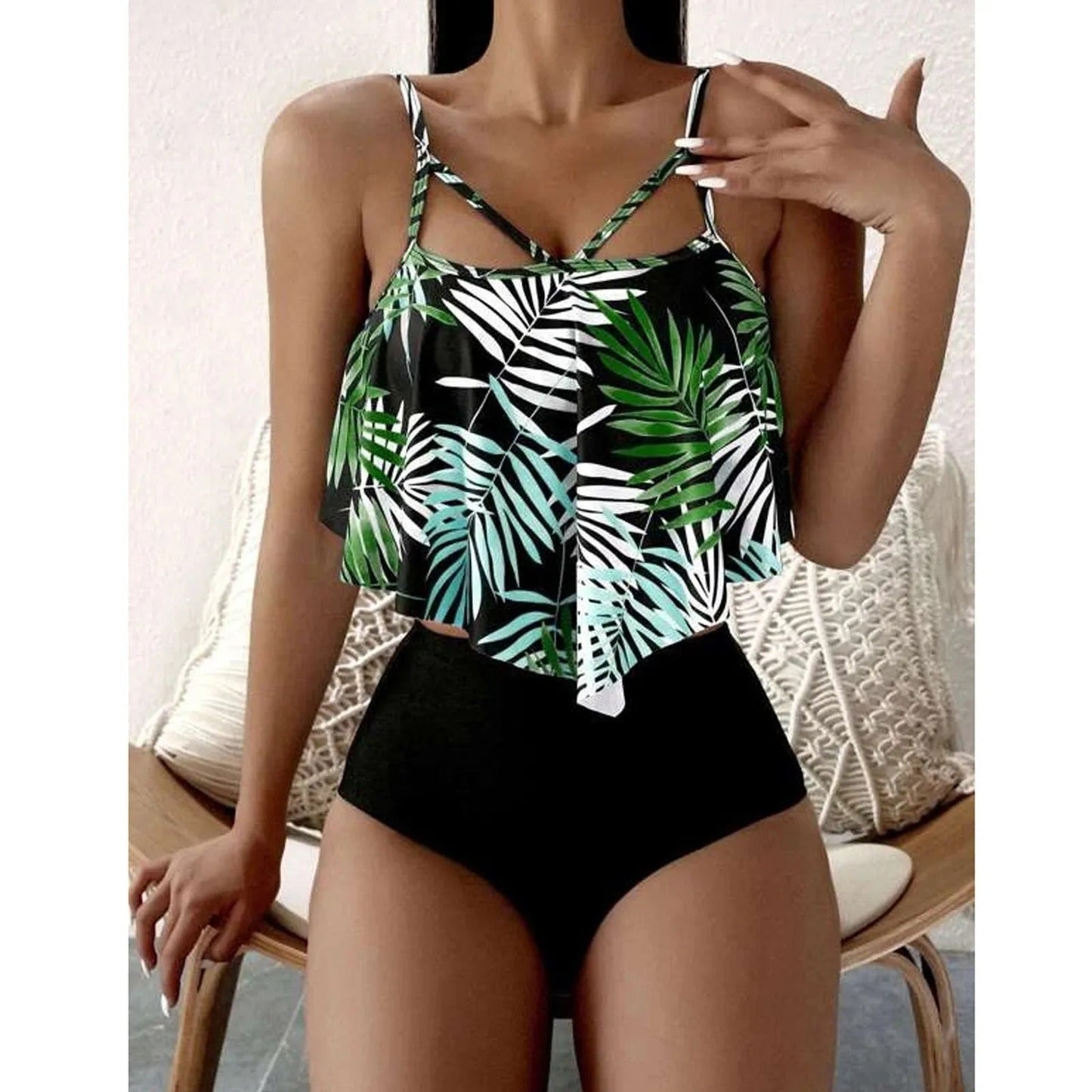 LolaBeach - Tankini with ruffles and leaf print