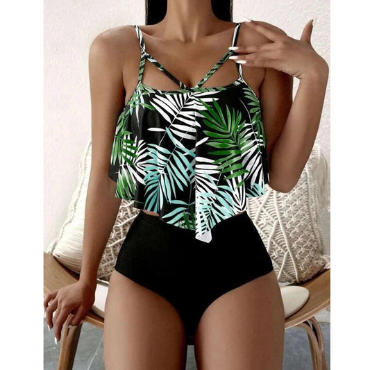 LolaBeach - Tankini with ruffles and leaf print