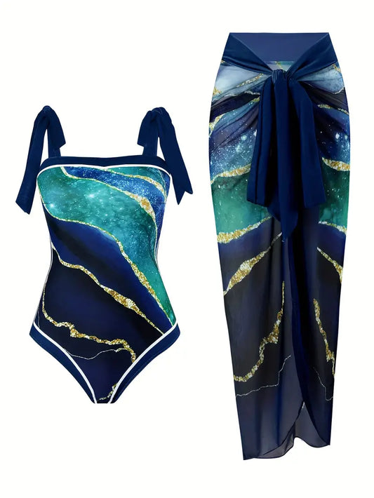 Elegant swimsuit & skirt with marble print in one piece