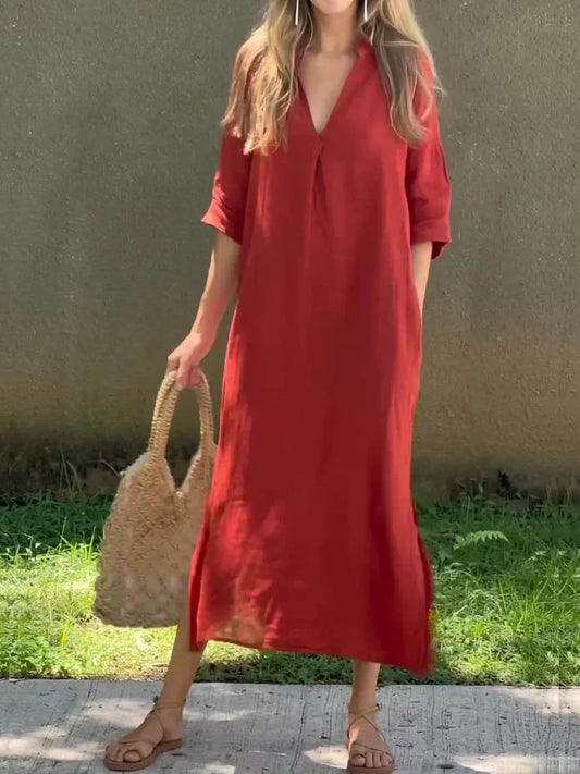 LP | Simple linen dress with V-neck and breast pocket.