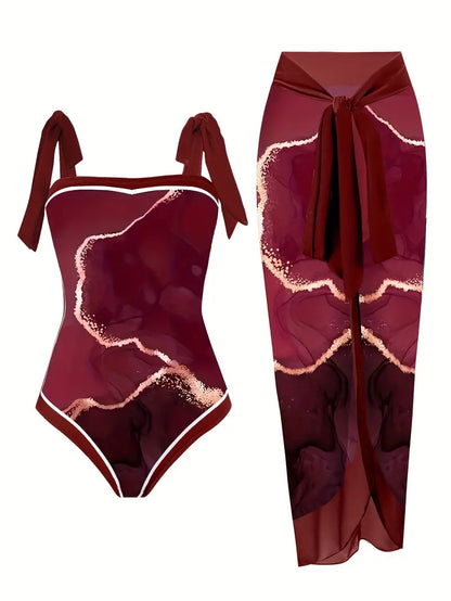Elegant swimsuit & skirt with marble print in one piece