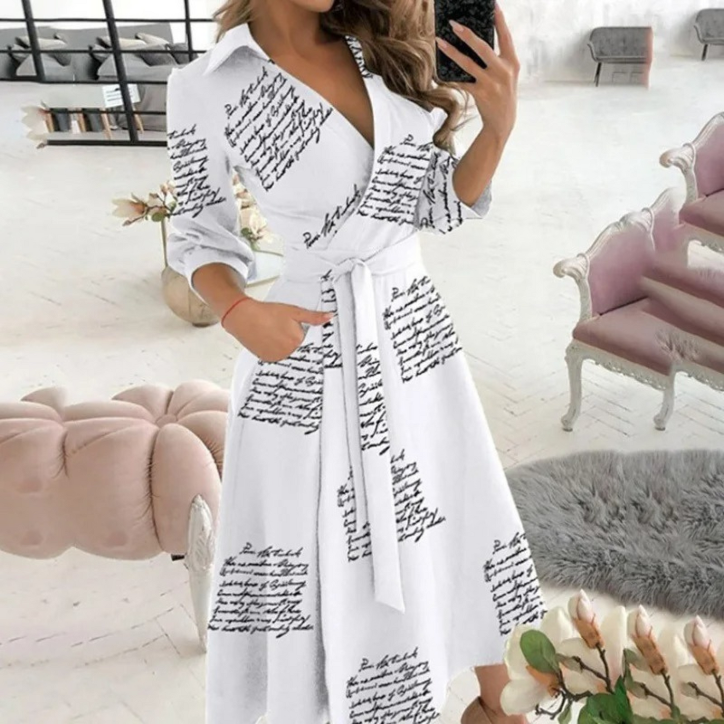 LP | Blouson dress with lapel belt lined white