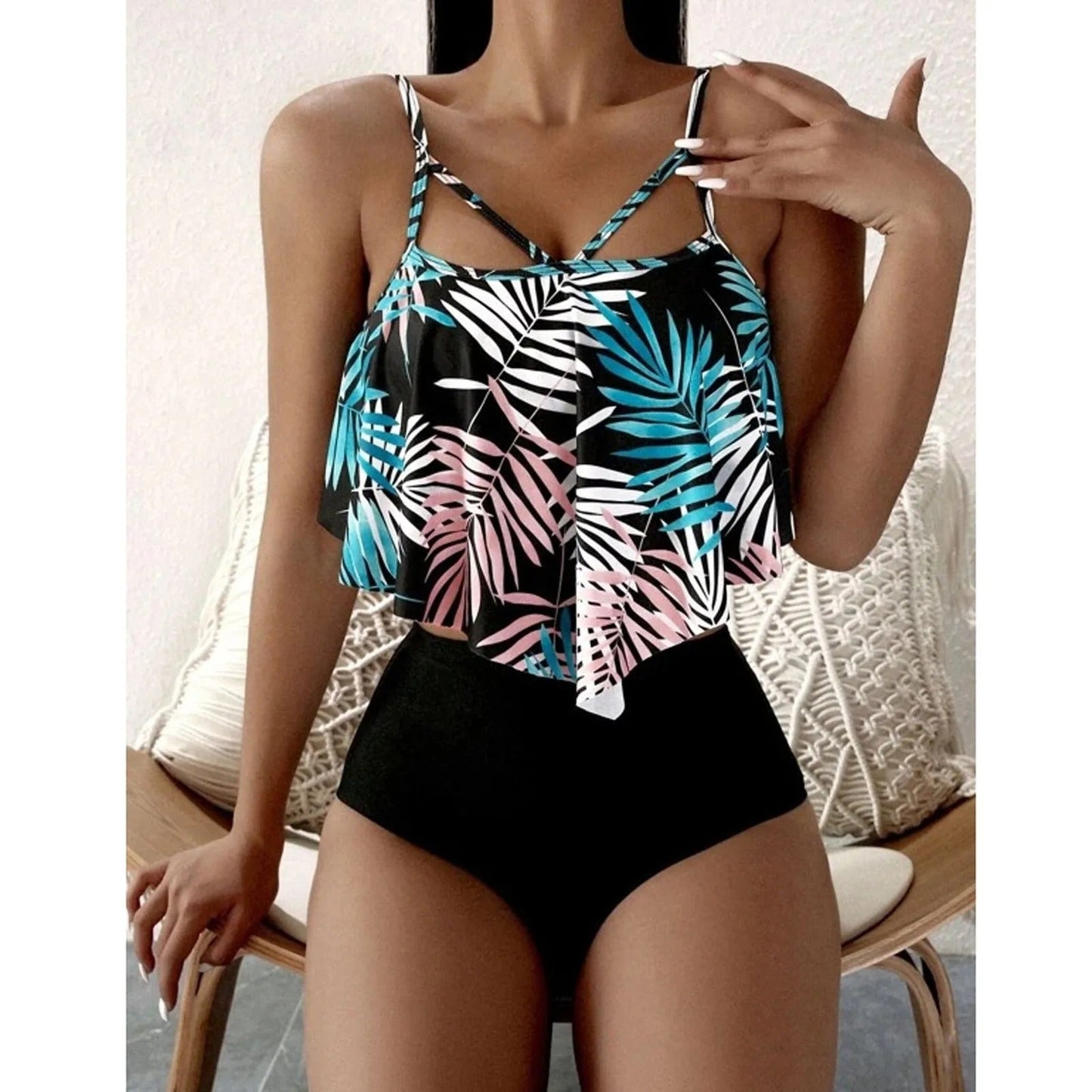 LolaBeach - Tankini with ruffles and leaf print