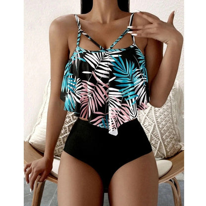 LolaBeach - Tankini with ruffles and leaf print