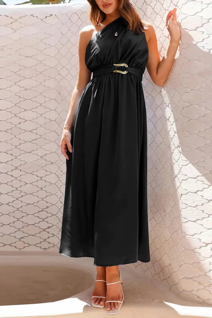 LP | Elegant evening dresses with slant neckline and large metallic decorations