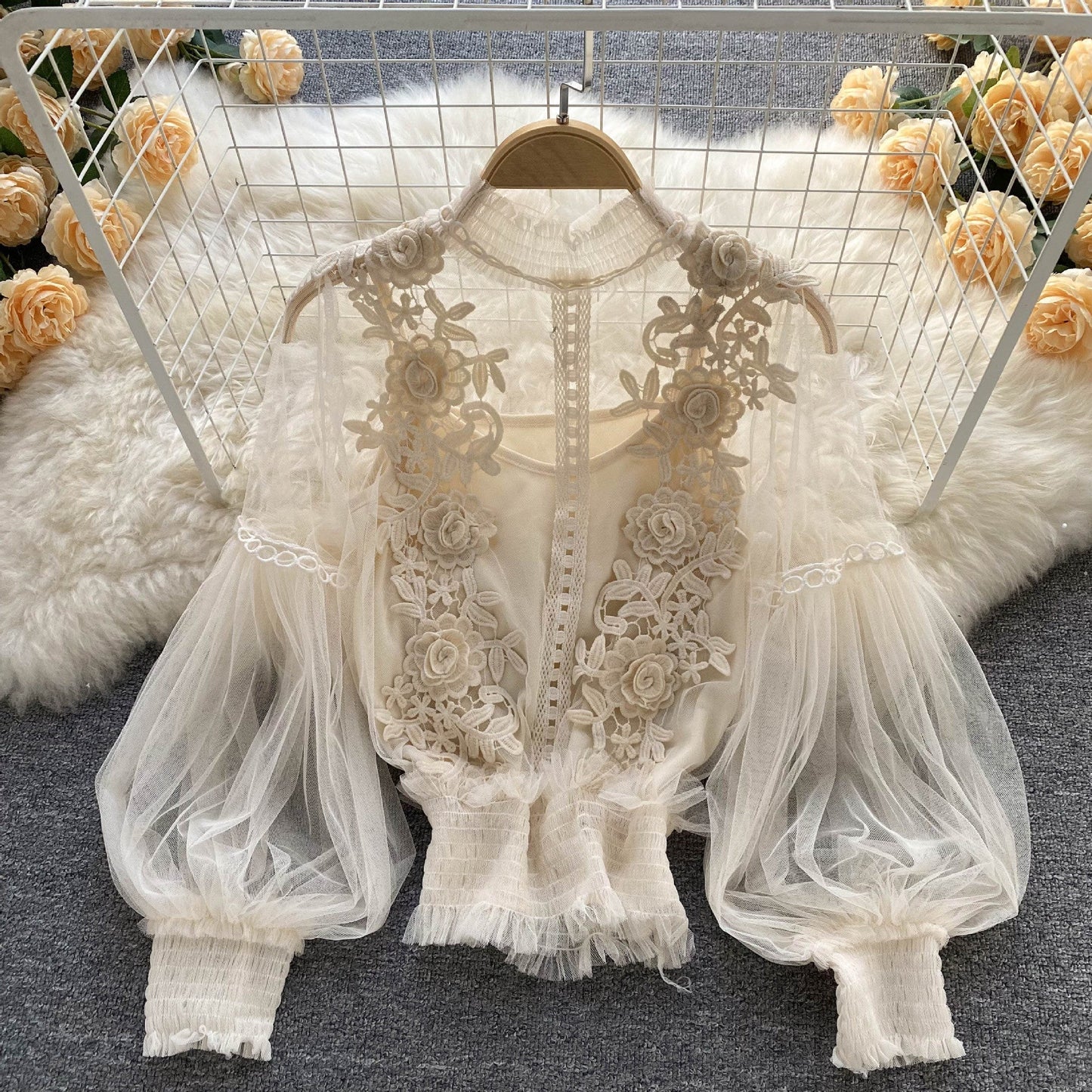 LP | Perspective Mesh Gauze Lantern Sleeve Thin Short Top Female Lace Leggings Petticoat
