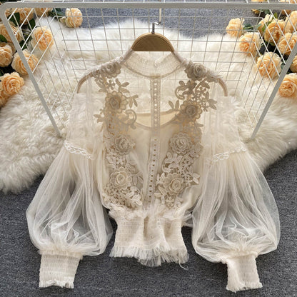 LP | Perspective Mesh Gauze Lantern Sleeve Thin Short Top Female Lace Leggings Petticoat