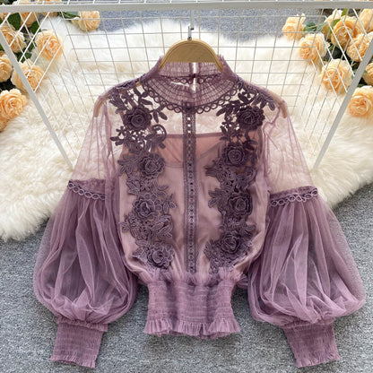 LP | Perspective Mesh Gauze Lantern Sleeve Thin Short Top Female Lace Leggings Petticoat
