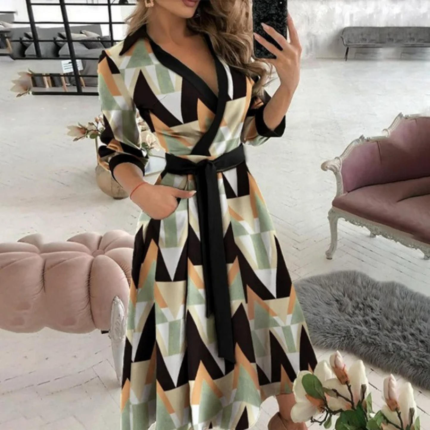 LP | Blouson dress with lapel belt lined white