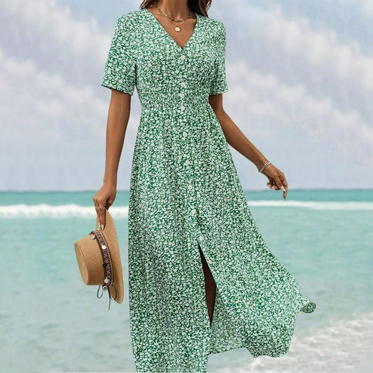 Airy maxi dress with short sleeves and V-neckline