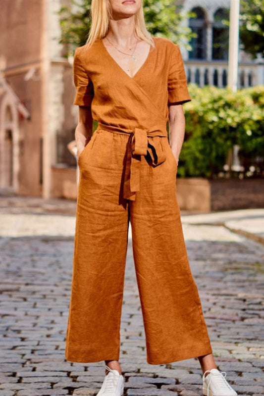 Casual solid patchwork V-neck loose jumpsuits (3 colours)