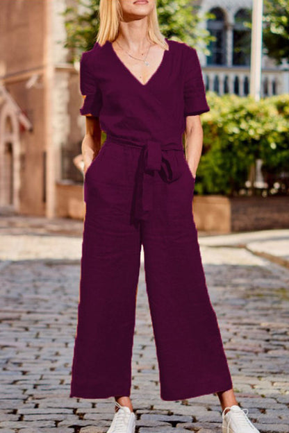 Casual solid patchwork V-neck loose jumpsuits (3 colours)