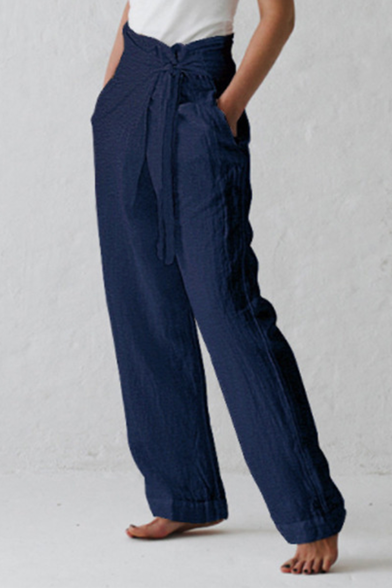 Casual Solid Strap Design Straight Mid Waist Solid Color Pants (3 colors)