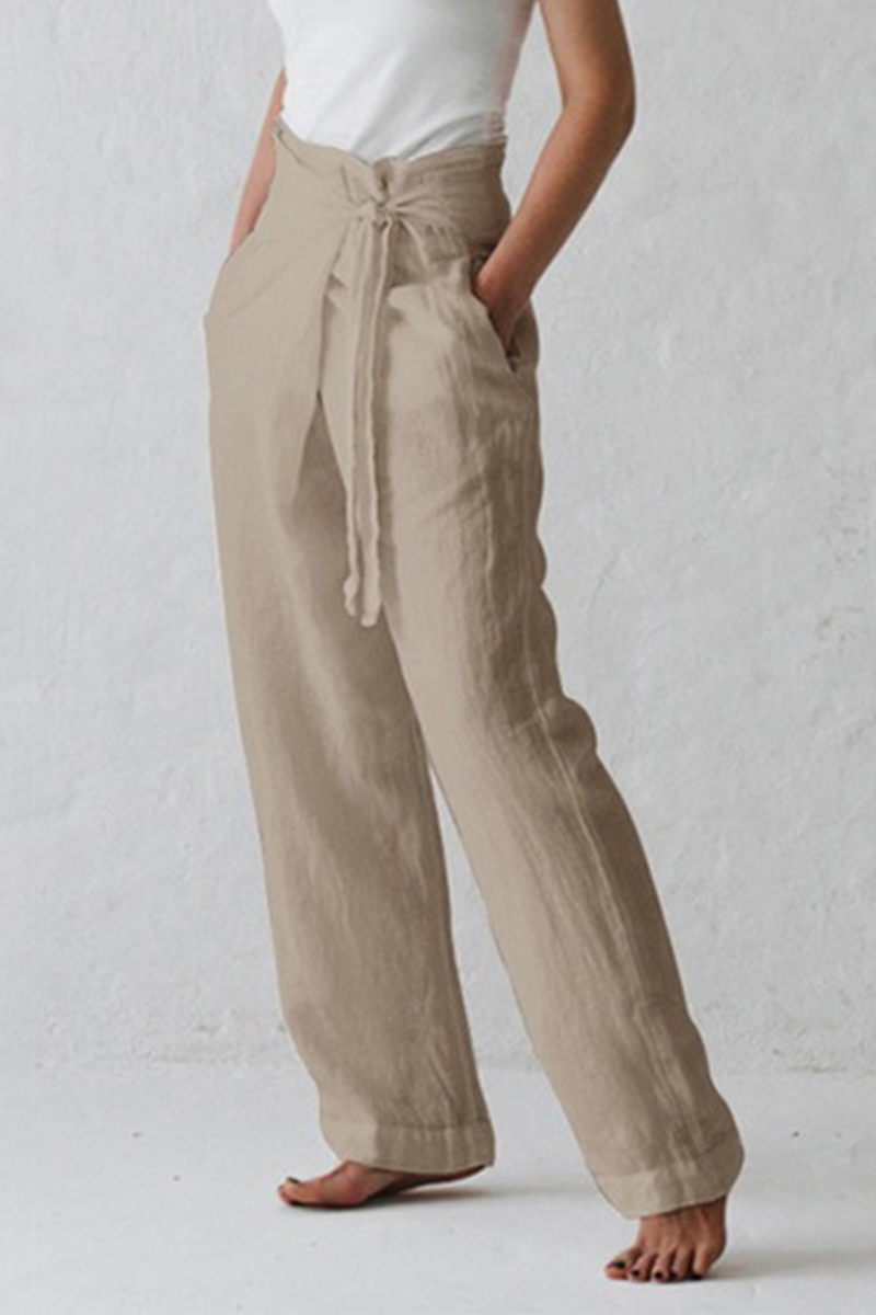 Casual Solid Strap Design Straight Mid Waist Solid Color Pants (3 colors)