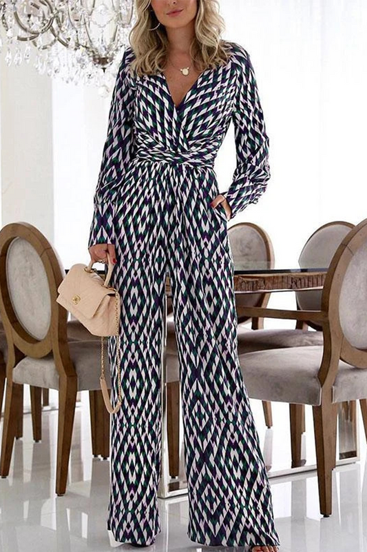 Casual V-neck patchwork print jumpsuits