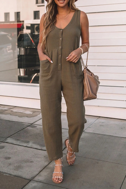Casual solid colour patchwork jumpsuits with a straight U-neck