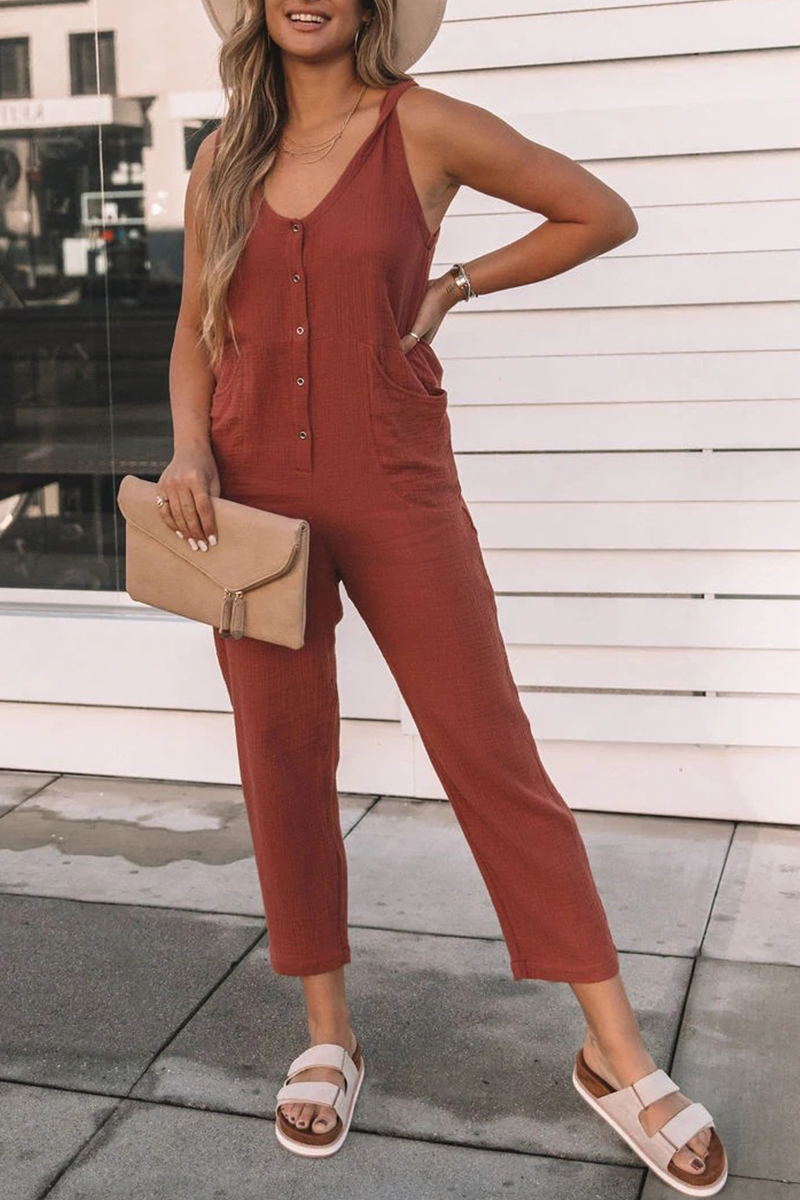 Casual smooth-fit jumpsuits with a flat U-shaped neckline