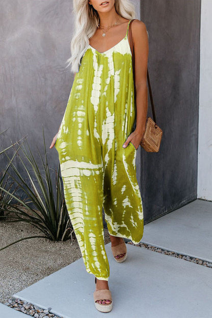 LD Casual Patchwork Tie-dye Spaghetti Strap Straight Jumpsuits (10 colors)