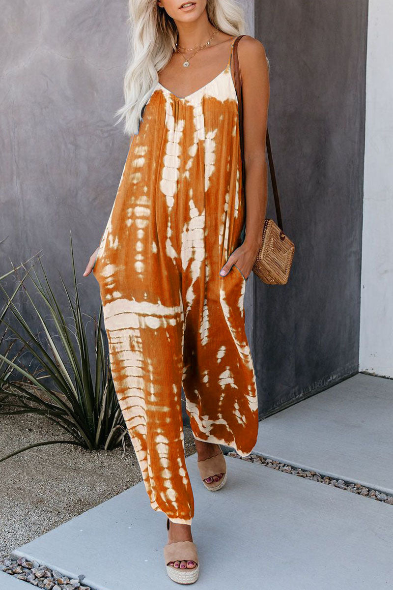 LD Casual Patchwork Tie-dye Spaghetti Strap Straight Jumpsuits (10 colors)
