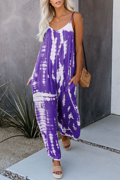 LD Casual Patchwork Tie-dye Spaghetti Strap Straight Jumpsuits (10 colors)