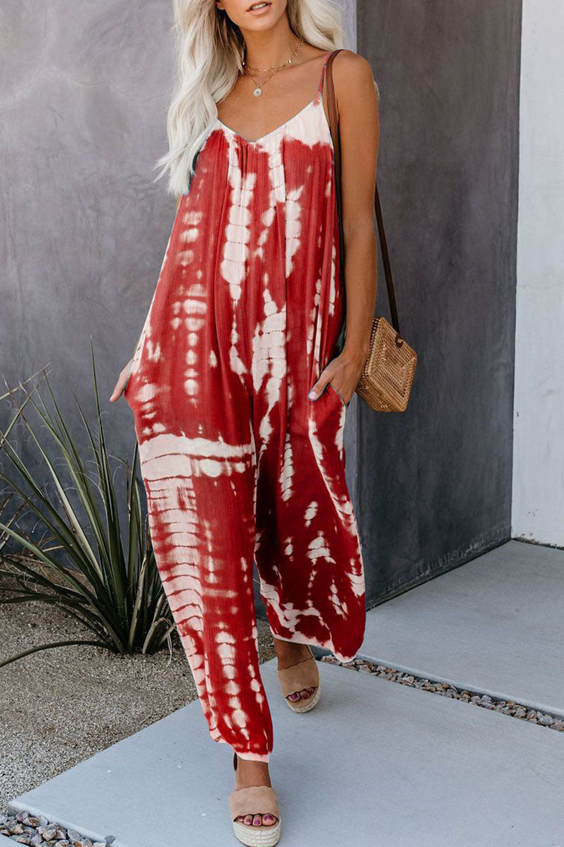 LD Casual Patchwork Tie-dye Spaghetti Strap Straight Jumpsuits (10 colors)
