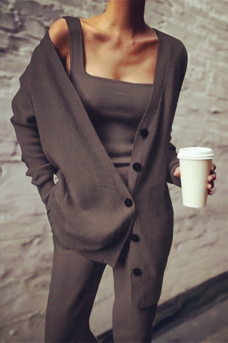 LD Casual Solid Cardigan Vest Pants Square-Collar Long Sleeves Three-Piece Set (3 Colors)