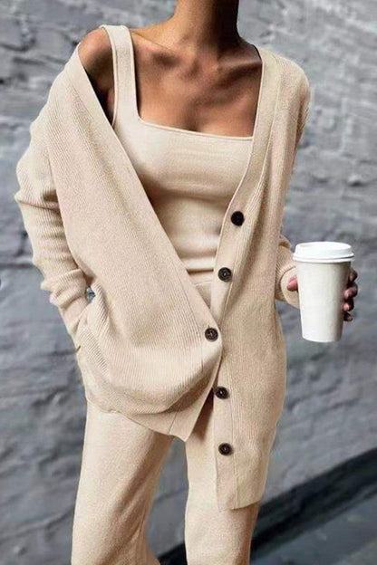 LD Casual Solid Cardigan Vest Pants Square-Collar Long Sleeves Three-Piece Set (3 Colors)