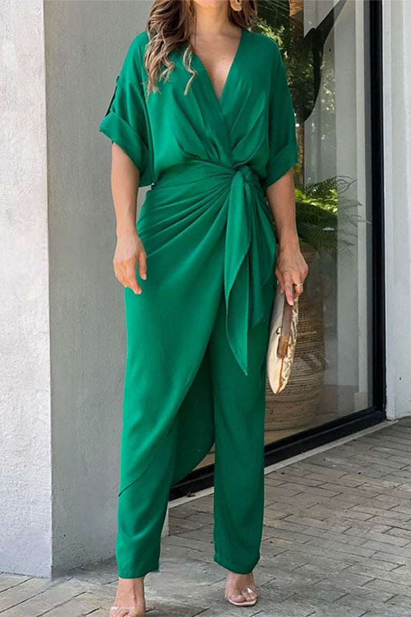 Casual Solid Frenulum V Neck Regular Jumpsuits (3 colors)