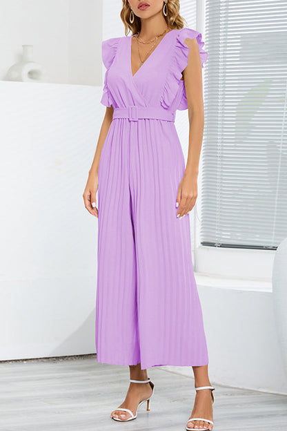 Casual simplicity solid with V-neck regular jumpsuits