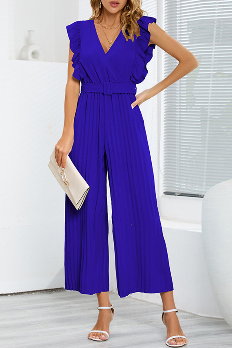 Casual simplicity solid with V-neck regular jumpsuits