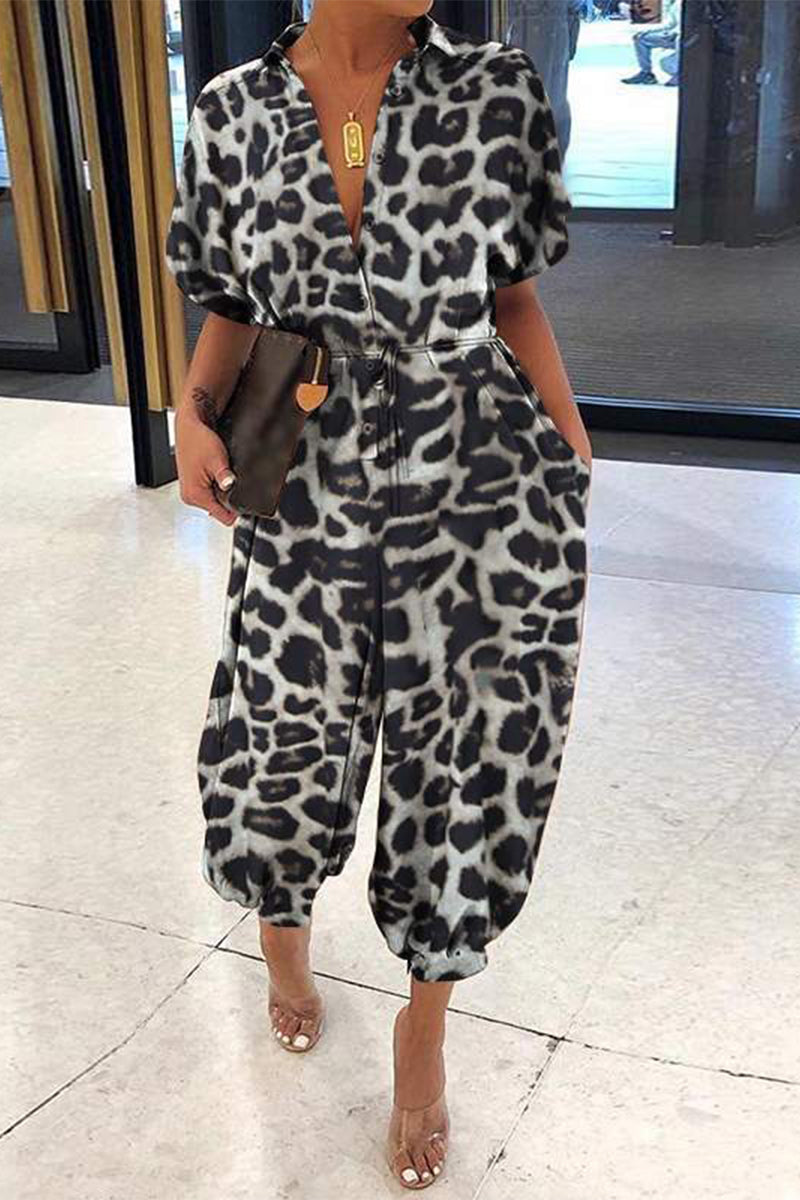 LD Plus Size Casual Vintage Leopard Frenulum Print Loose Jumpsuits (Loose Jumpsuits)