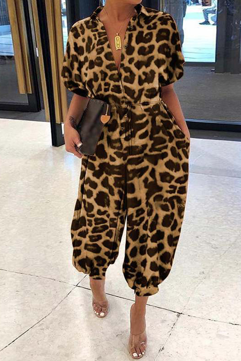 LD Plus Size Casual Vintage Leopard Frenulum Print Loose Jumpsuits (Loose Jumpsuits)