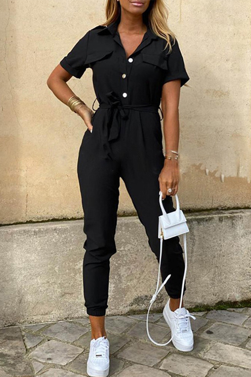 Casual Everyday Solid Frenulum with Belt Turndown Collar Regular Jumpsuits(10 colors)