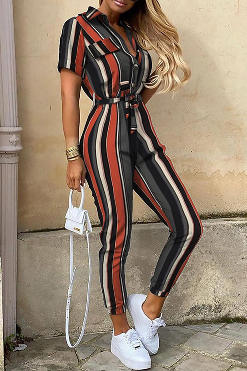 Casual Print Patchwork Turn-down Collar Regular Jumpsuits (loose fitting)