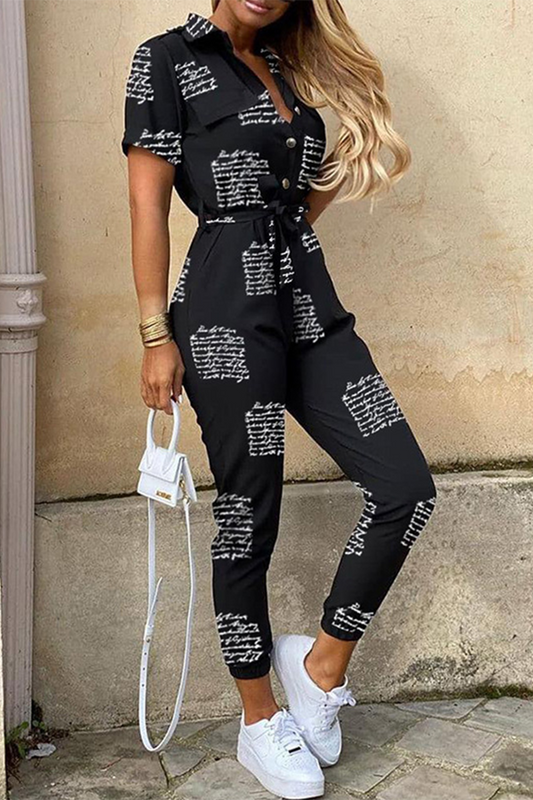 Casual Print Patchwork Turn-down Collar Regular Jumpsuits (loose fitting)