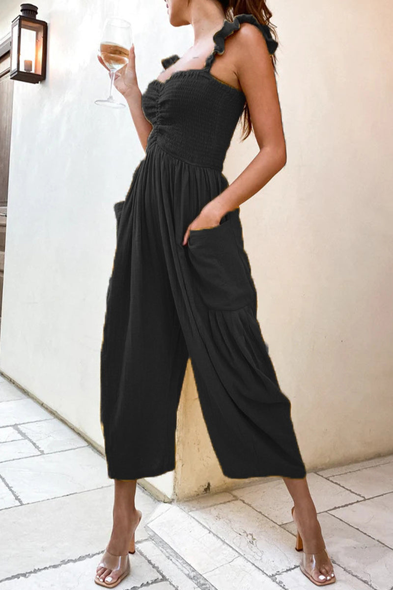 Casual Street Solid Patchwork Pocket Spaghetti Strap Straight Jumpsuits (4 colors)