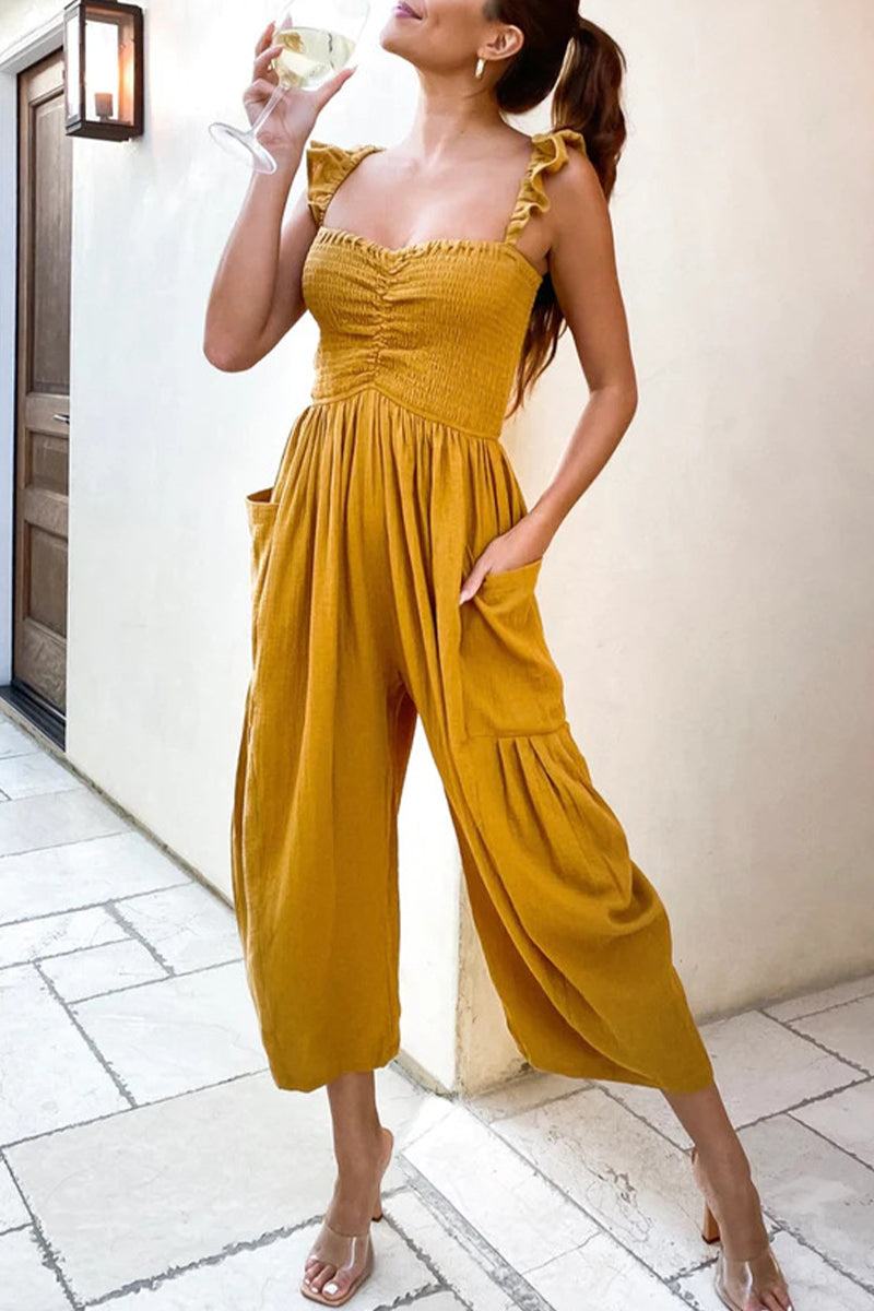 Casual Street Solid Patchwork Pocket Spaghetti Strap Straight Jumpsuits (4 colors)