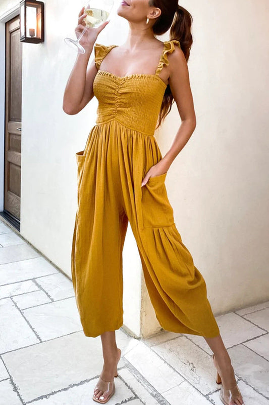 Casual Street Solid Patchwork Pocket Spaghetti Strap Straight Jumpsuits (4 colors)
