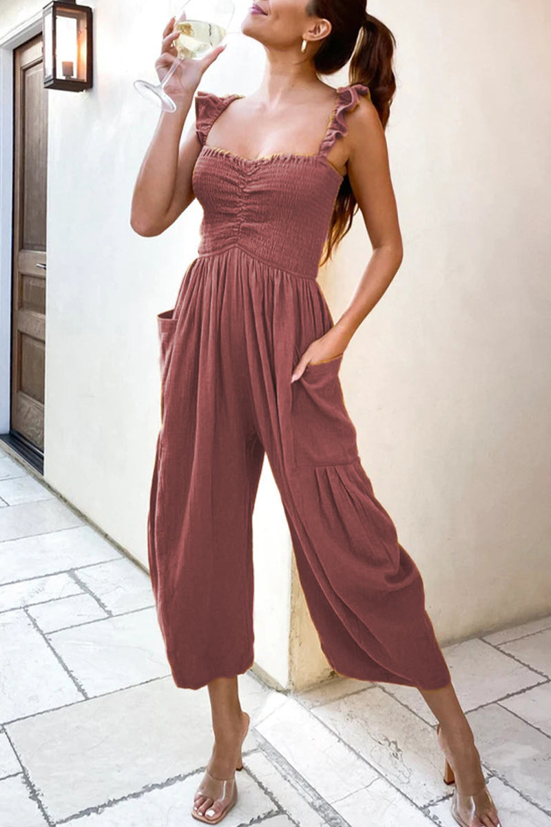 Casual Street Solid Patchwork Pocket Spaghetti Strap Straight Jumpsuits (4 colors)