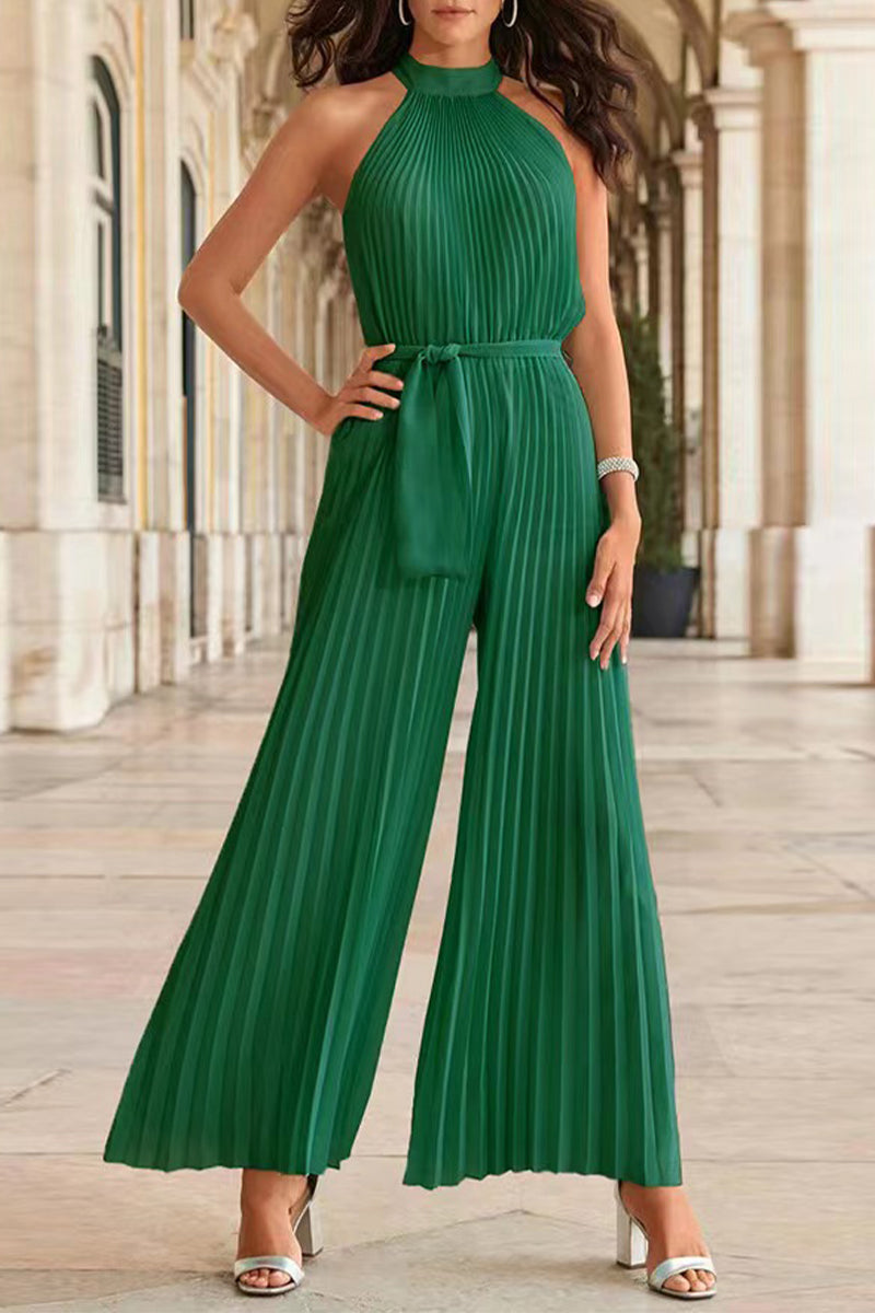 LD Simplicity Solid Frenulum Pleat Halter Loose Jumpsuits (6 colors)
