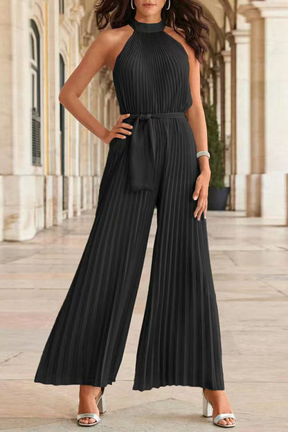 LD Simplicity Solid Frenulum Pleat Halter Loose Jumpsuits (6 colors)