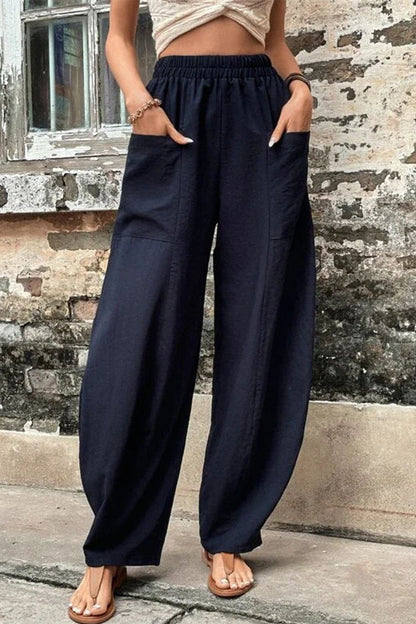 Casual everyday solid pocket loose high waist Harlan solid color pants (11 colors)