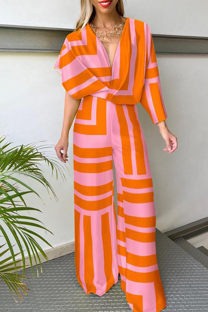 Casual sportswearenÃ Print Patchwork Asymmetric V-Neck Straight Jumpsuits