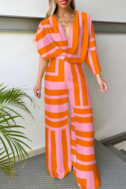 Casual sportswearenÃ Print Patchwork Asymmetric V-Neck Straight Jumpsuits