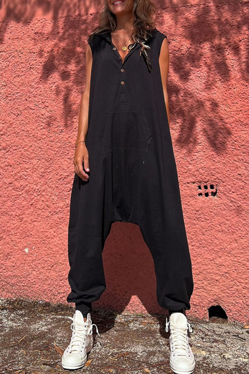 Casual Sportswear Solid Pockets Hooded Collar Straight Jumpsuits (3 Colors)